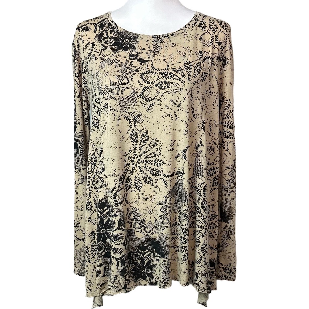 Peruvian Connection Floral Lace Print Tunic Tan‎ Black Womens XS/S